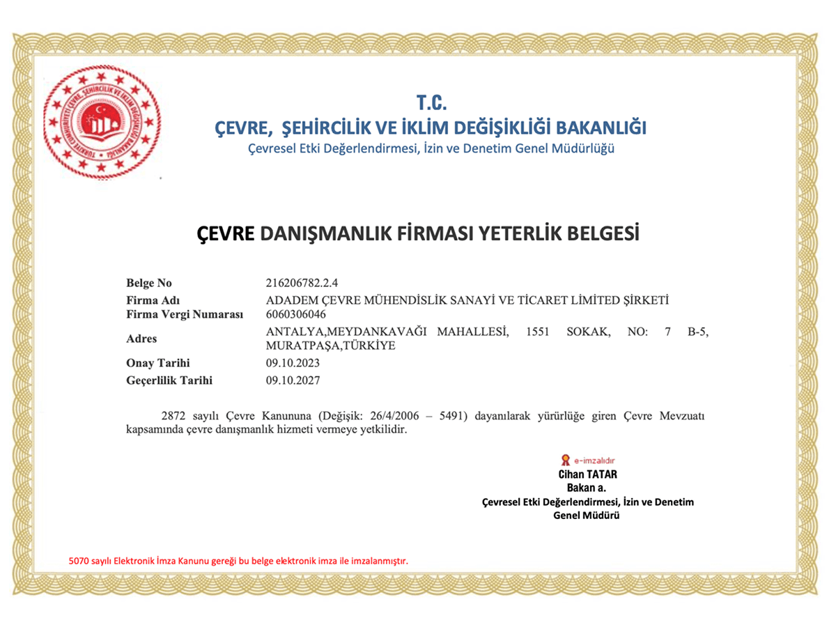 Çevre Danışmanlık Firması Yeterlik Belgesi