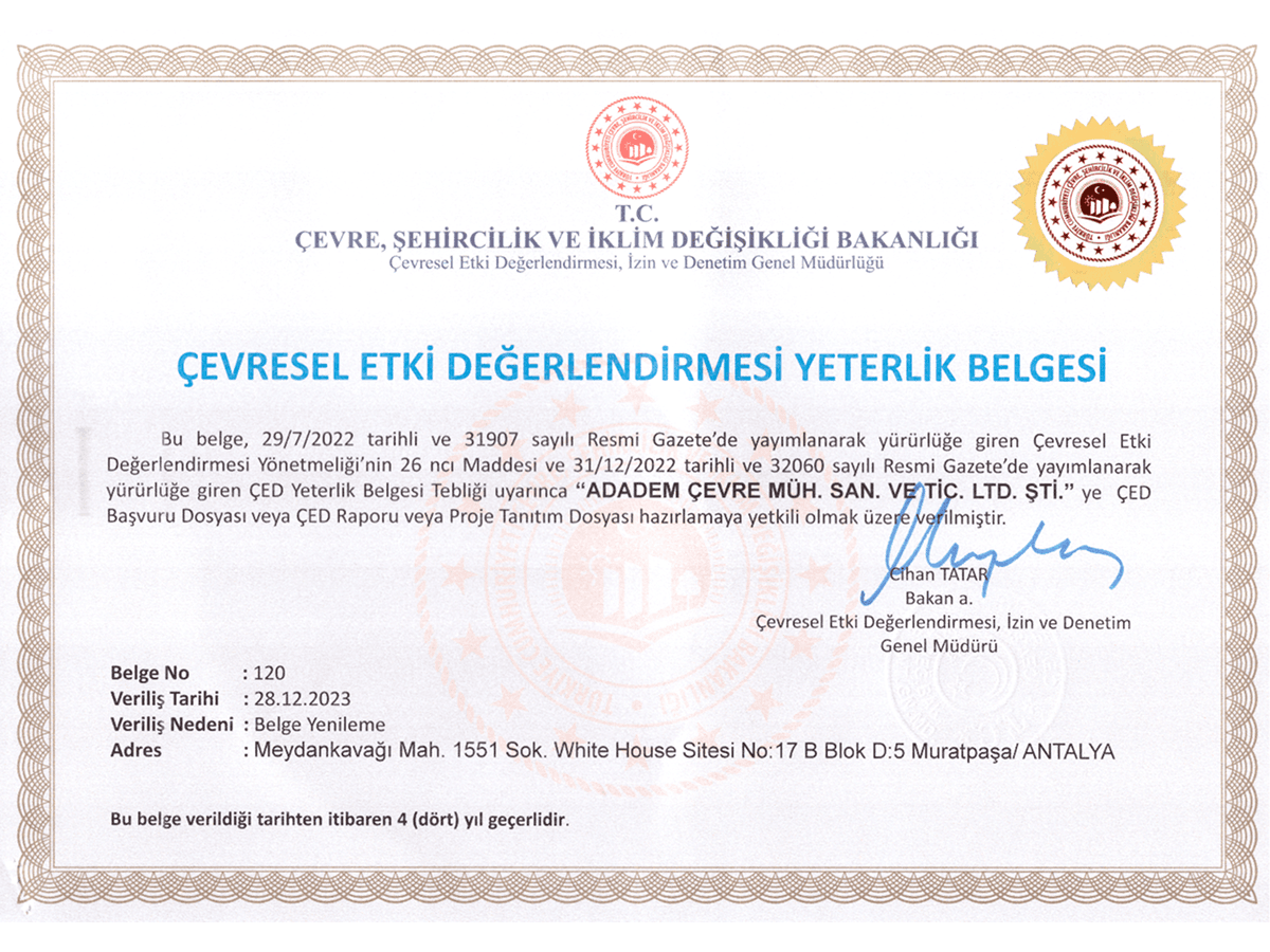 ÇED Yeterlik Belgesi